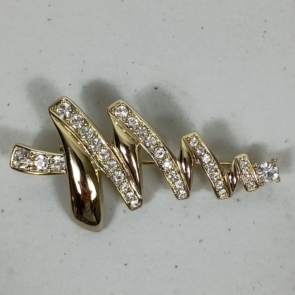 Monet Christmas Tree Brooch Pin Gold Tone Rhinestones Abstract Marked Vintage